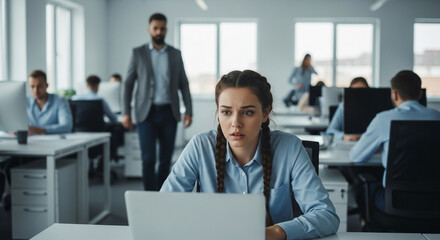 A young woman appears stressed at her desk in a busy office, while a man walks by.