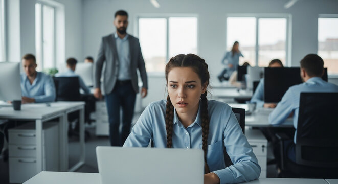 A young woman appears stressed at her desk in a busy office, while a man walks by. - Powered by Adobe