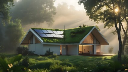 Sustainable home with solar panels and green roof nestled in nature setting.