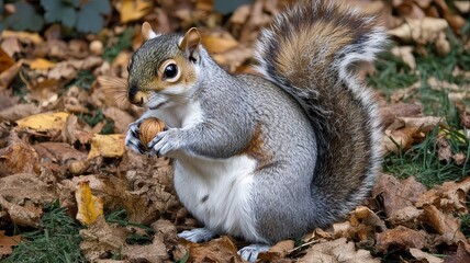 Obraz premium Gray squirrel holding a nut amidst autumn leaves.