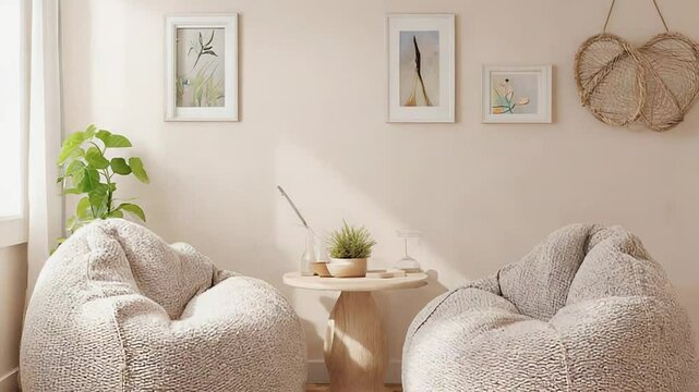 Two comfortable beanbag chairs creating relaxing atmosphere in modern living room