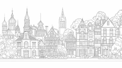 Naklejka premium Black and white illustration of an old European town.