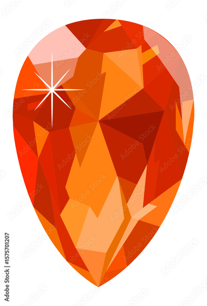 Poster bright orange gemstone with a teardrop shape, shining with an intense sparkle, reflecting light on a