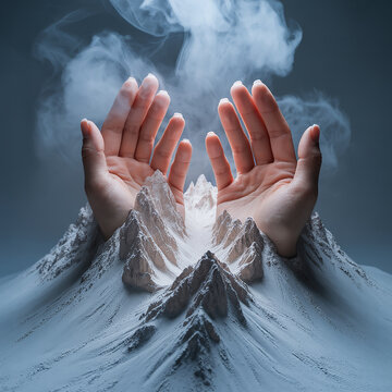 Hands Creating Snowy Mountain Peaks With Misty Sky Abstract Surreal Concept.