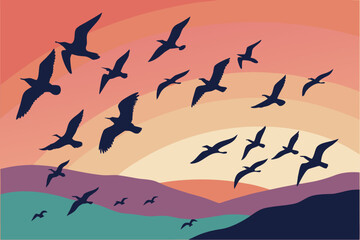 Seamless pattern of silhouetted birds flying across a vibrant sunset sky