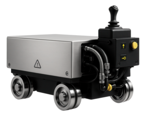 Rail cart with a powered drive system and joystick control for automated movement in a manufacturing line.