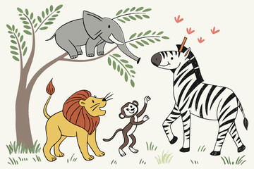 Charming hand drawn jungle animals in a whimsical vector style for kids