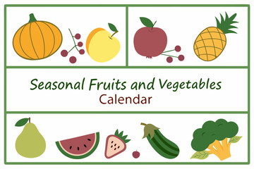 Flat vector illustration of seasonal fruits and vegetables in a colorful arrangement