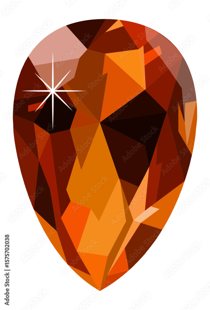 Poster low poly style illustration of a pear shaped orange gemstone shining with triangular facets, creatin