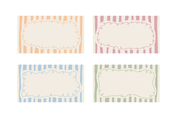 Pastel Vintage Hand Drawn Frames Set. 1920x1080 ratio Minimal pale striped retro backgrounds with curly borders and empty copy space for text. Elegant Shabby Chic Sketch. Vector illustration