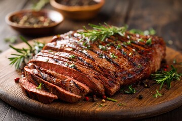 Sliced Grilled Steak on Wooden Board With Rosemary, Presenting Culinary Artistry and Gourmet Indulgence for Restaurant Menus and Food Blogs : Generative AI