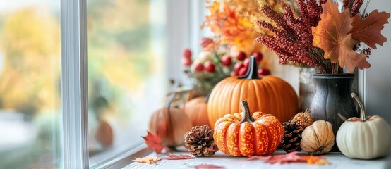 Fall arrangement with pumpkins, leaves, and pinecones displayed on a windowsill.