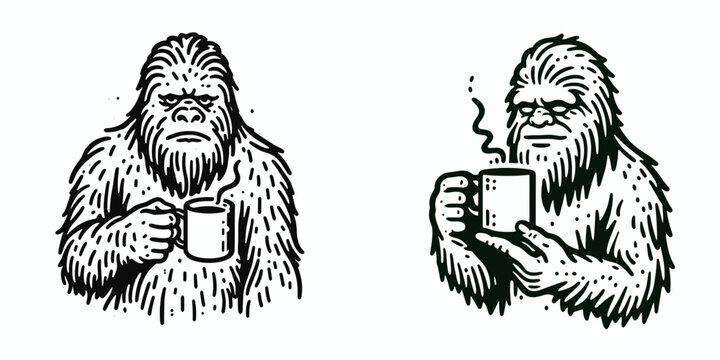 A Bigfoot hold coffee mug. Cartoon Line Art Clipart Minimal Retro Vector Illustration. Mythical creature grip beverage container novelty cup for java lover.