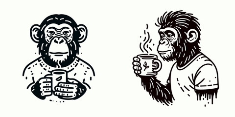 Obraz premium A Chimpanzee hold coffee mug. Cartoon Line Art Clipart Minimal Retro Vector Illustration. Ape gripping beverage container primate enjoys morning drink wild animal with cup.