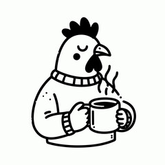 A Chicken hold coffee mug. Cartoon Line Art Clipart Minimal Retro Vector Illustration. Fowl clutching beverage container farm bird gripping warm drink hen uses cup.