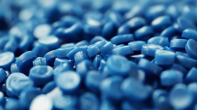 Blue polymer pellets forming a textured surface