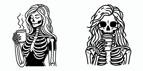 A female skeleton hold coffee mug. Cartoon Line Art Clipart Minimal Retro Vector Illustration. Ladys bone figure grips beverage container morning human cup idea.