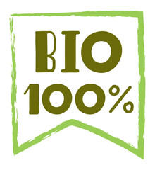 Green and brown bio 100 percent label promoting a healthy lifestyle, highlighting organic and natural products while ensuring quality and sustainability for conscious consumers