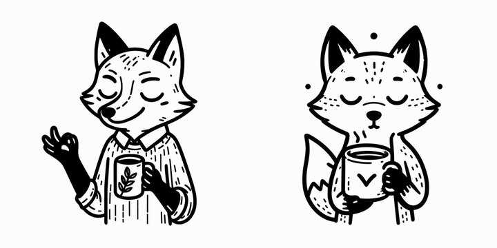 A Fox hold coffee mug. Cartoon Line Art Clipart Minimal Retro Vector Illustration. Woodland creature grasp ceramic cup with java beverage for morning drink.