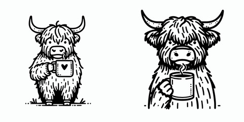 A Highland Cow hold coffee mug. Cartoon Line Art Clipart Minimal Retro Vector Illustration. Bovine holding beverage cup hairy cattle enjoys warm drink.