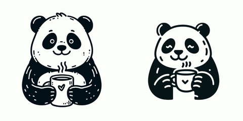 A Panda hold coffee mug. Cartoon Line Art Clipart Minimal Retro Vector Illustration. Bear grip warm beverage container lovely image for theme design.