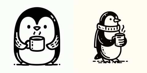 A Penguin hold coffee mug. Cartoon Line Art Clipart Minimal Retro Vector Illustration. Antarctic bird grip warm beverage cup avian enjoys morning drink.