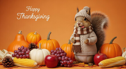 Funny Happy Thanksgiving Greeting, autumn arrangement, pumpkins, fruits, corn.