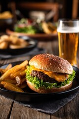 Juicy Cheeseburger With Fries and Beer on a Wooden Table, Representing Comfort Food and Culinary Indulgence for Restaurant Menu Design and Food Bloggers : Generative AI