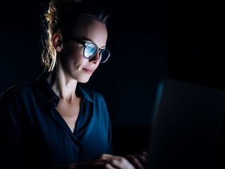 Woman working late at night on laptop.