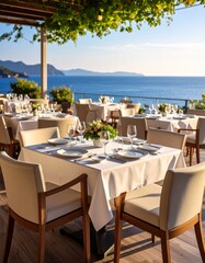 Beautiful restaurant at the sea, afternoon, eating out concept