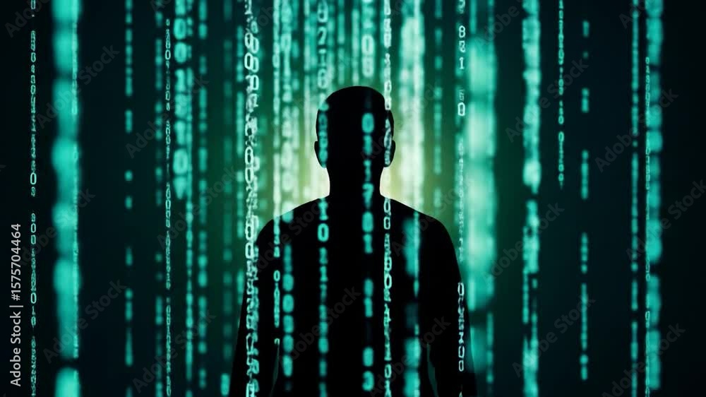 Poster silhouette of a person surrounded by digital binary code matrix rain