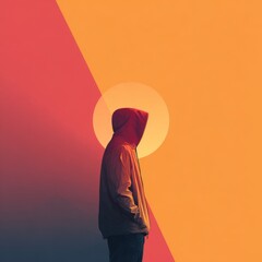 Silhouette of a Person in a Hoodie Against a Vibrant Sunset Background with Geometric Shapes and Warm Tones