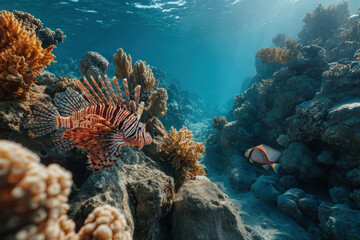 Naklejka premium A vibrant lionfish swims amidst a colorful coral reef, showcasing underwater beauty.