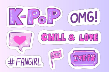 Colorful stickers feature catchy phrases and symbols related to K-Pop culture. Elements like hearts and hashtags express enthusiasm for this popular music genre.