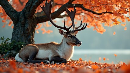 Close up of deer resting on autumn trees