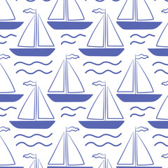 Minimal seamless pattern with sailing boats and ocean waves in linear style. Nautical theme perfect for travel, holiday, and summer decor.