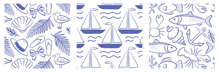 Set of nautical seamless patterns with sea animals, boats and summer elements in linear style. Perfect for beach-themed design, packaging or vacation prints.