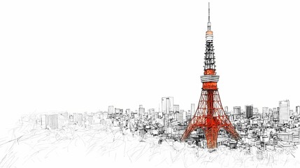Hand-drawn sketch of tokyo cityscape with red tower.