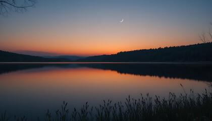 Obraz premium A peaceful lake at dusk with silhouettes of trees and hills, captured in high-definition resolution, 8K image