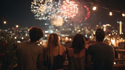 Naklejka premium Group of Friends Enjoying Fireworks Display from Rooftop at Night with City Lights in Background