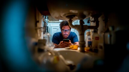 Man with Glasses Using Smartphone Under Kitchen Sink, Surrounded by Cleaning Supplies and Household Items