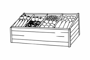 Colorful illustration of a wooden vegetable market stand with fresh produce