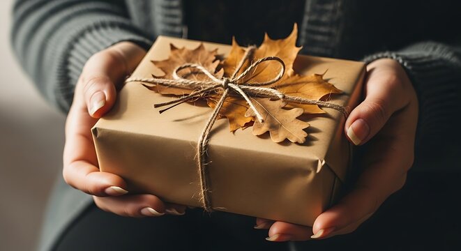 Autumn Gift: Hands Holding Brown Paper Package with Dried Leaves