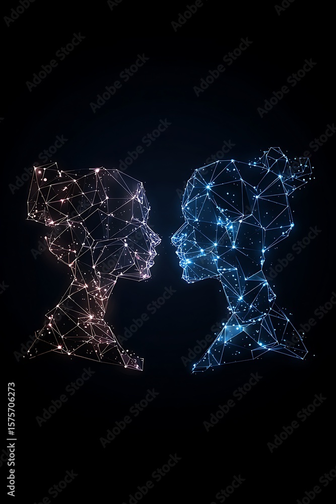 Poster two figures in profile, connected by a network of light points.