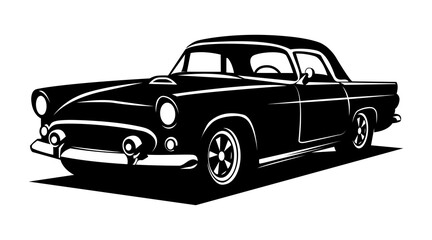 Black and white silhouette of a retro car. Isolated on a white background. Logo. Business card. Vector illustration.