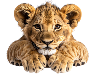  Top View 3D Illustration of Lion Cub Lying Down with Paws Crossed, isolated on transparent background PNG