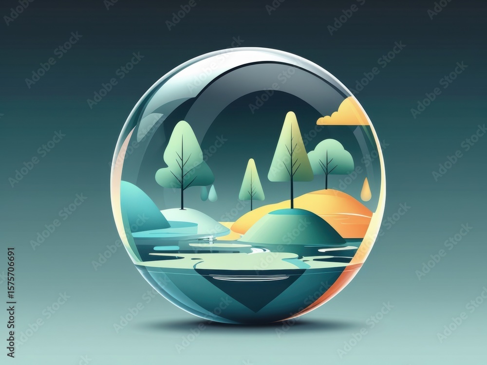Poster abstract landscape with trees and hills inside a transparent glass sphere on a gradient background