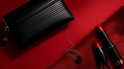 Elegant Composition of Black Clutch, Red Lipsticks, and Jewelry on Deep Red Fabric for Beauty Advertising