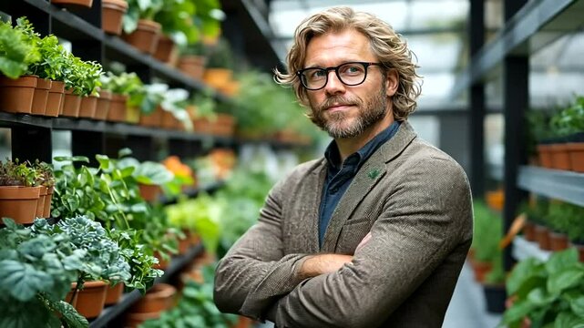 Confident botanist stands amidst lush greenery in modern greenhouse environment