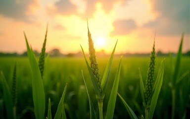 Fototapeta premium Beautiful environment landscape of green field cornfield or corn in Asia country agriculture harvest with sunset sky background. High quality